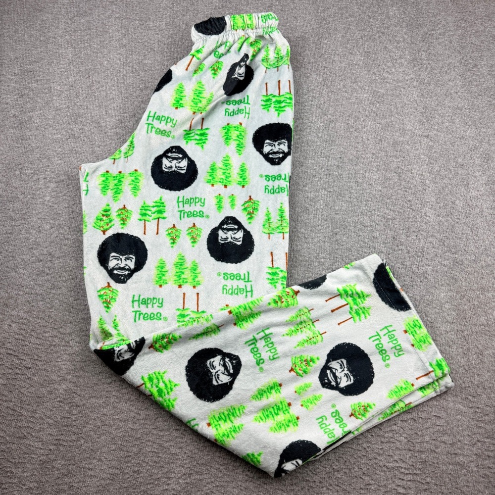 Bob Ross Pajama‎ Pants Men's Medium White Happy Trees Fleece Sleepwear Lounge
